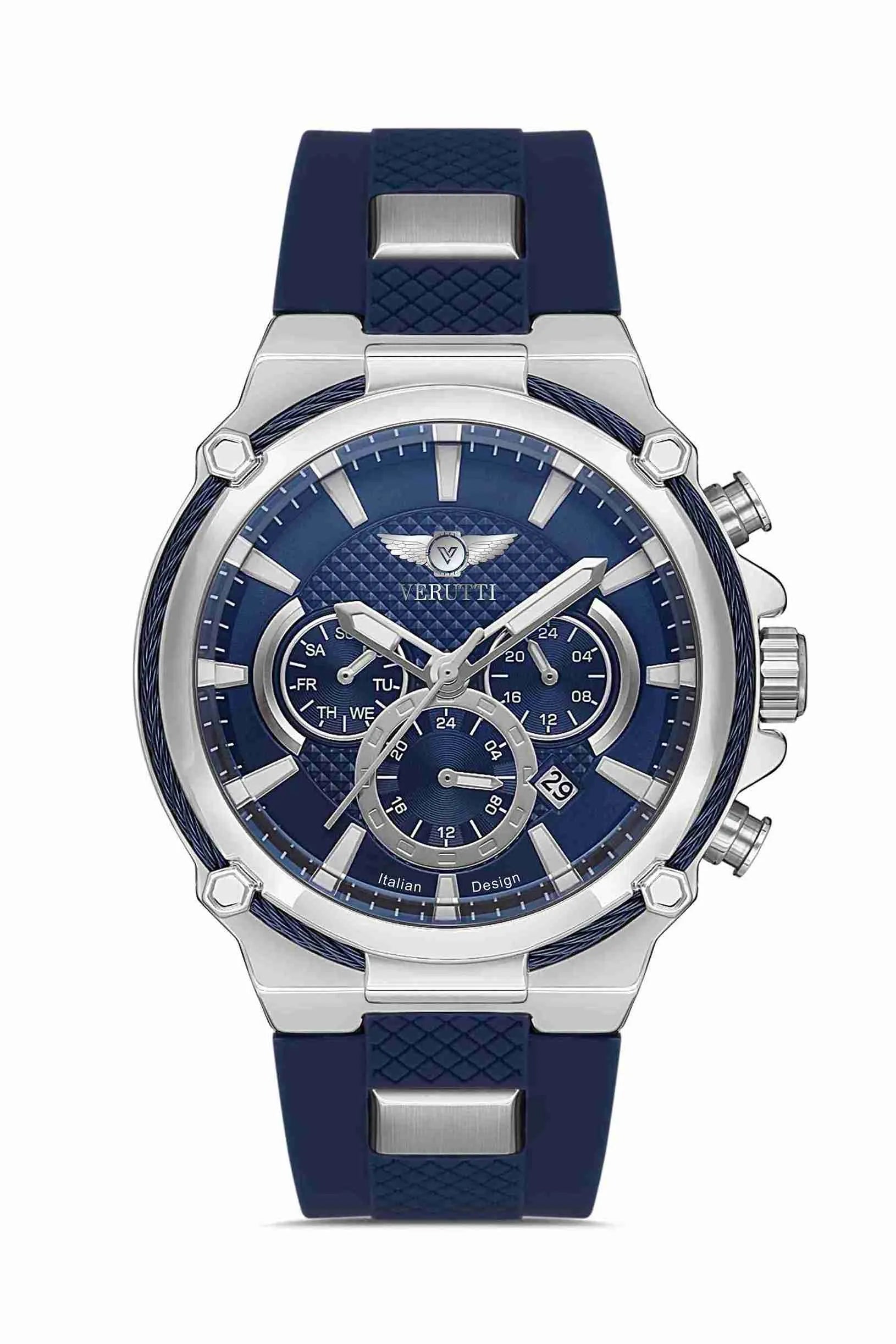 Men’s Luxury Watch – Verutti VR-1011-2, Marine Steel Edition, Navy Silicone Strap & Navy Multifunction Dial