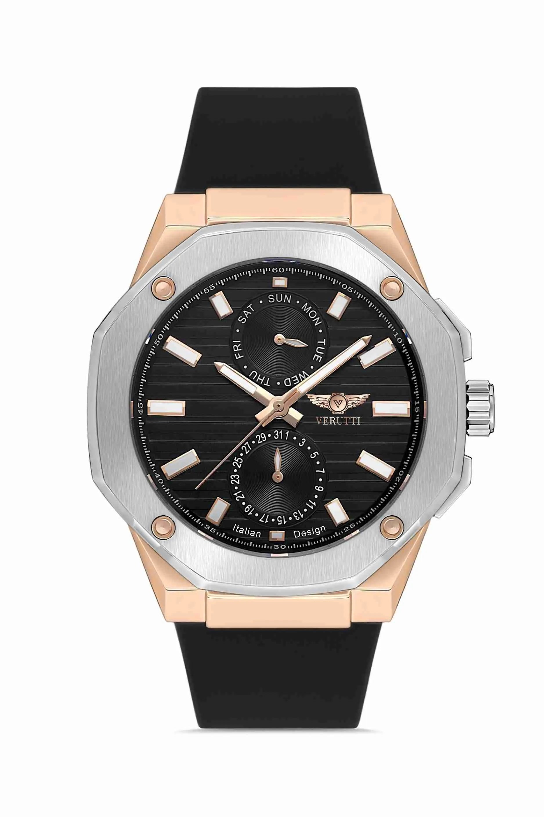 Men’s Luxury Watch Verutti VR-1012-2 – Octagonal in Gray & Rose-Gold