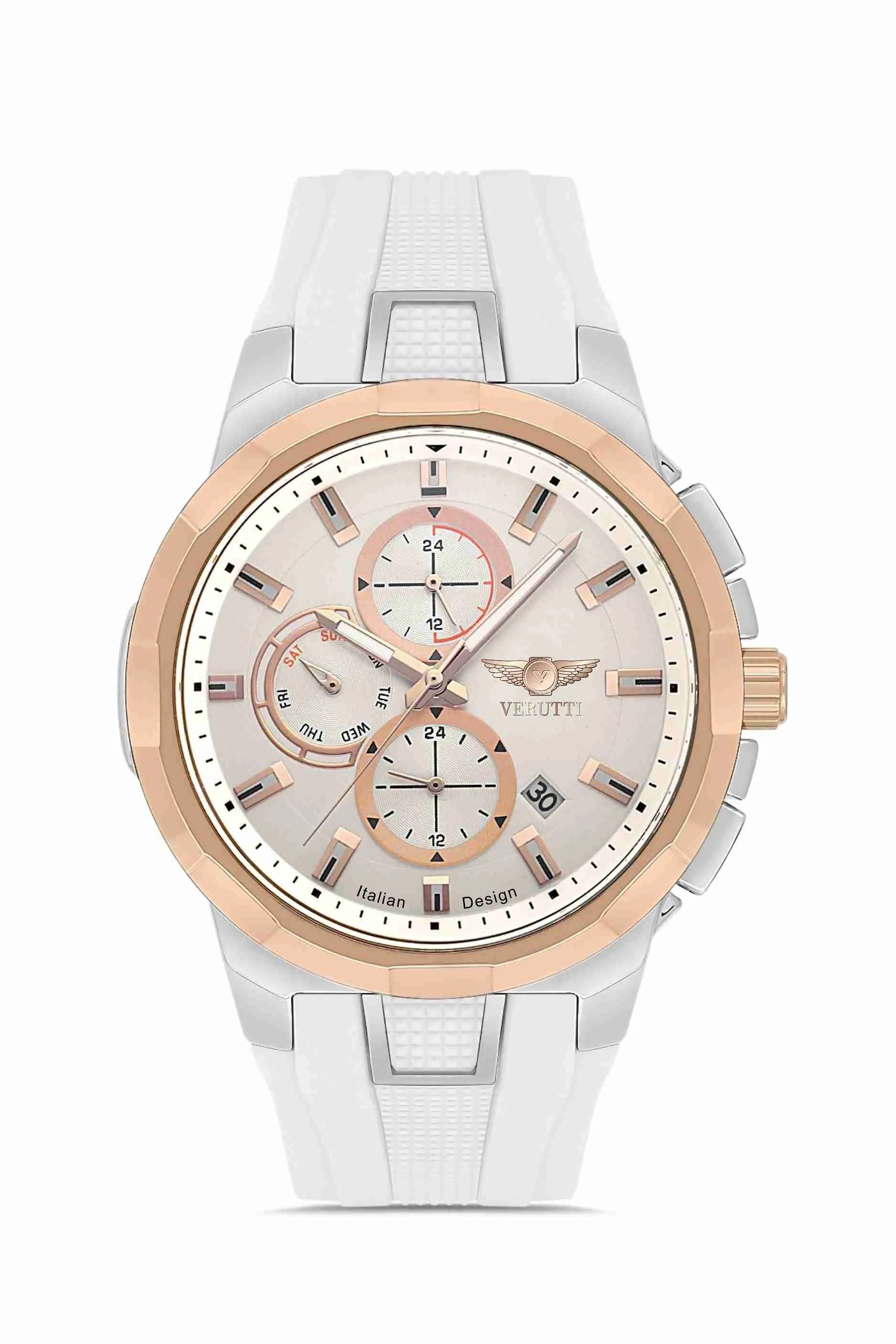 Men’s Luxury Watch – Verutti VR-1013-2 White Luxe Edition, White Silicone Strap & Beige Multifunction Dial