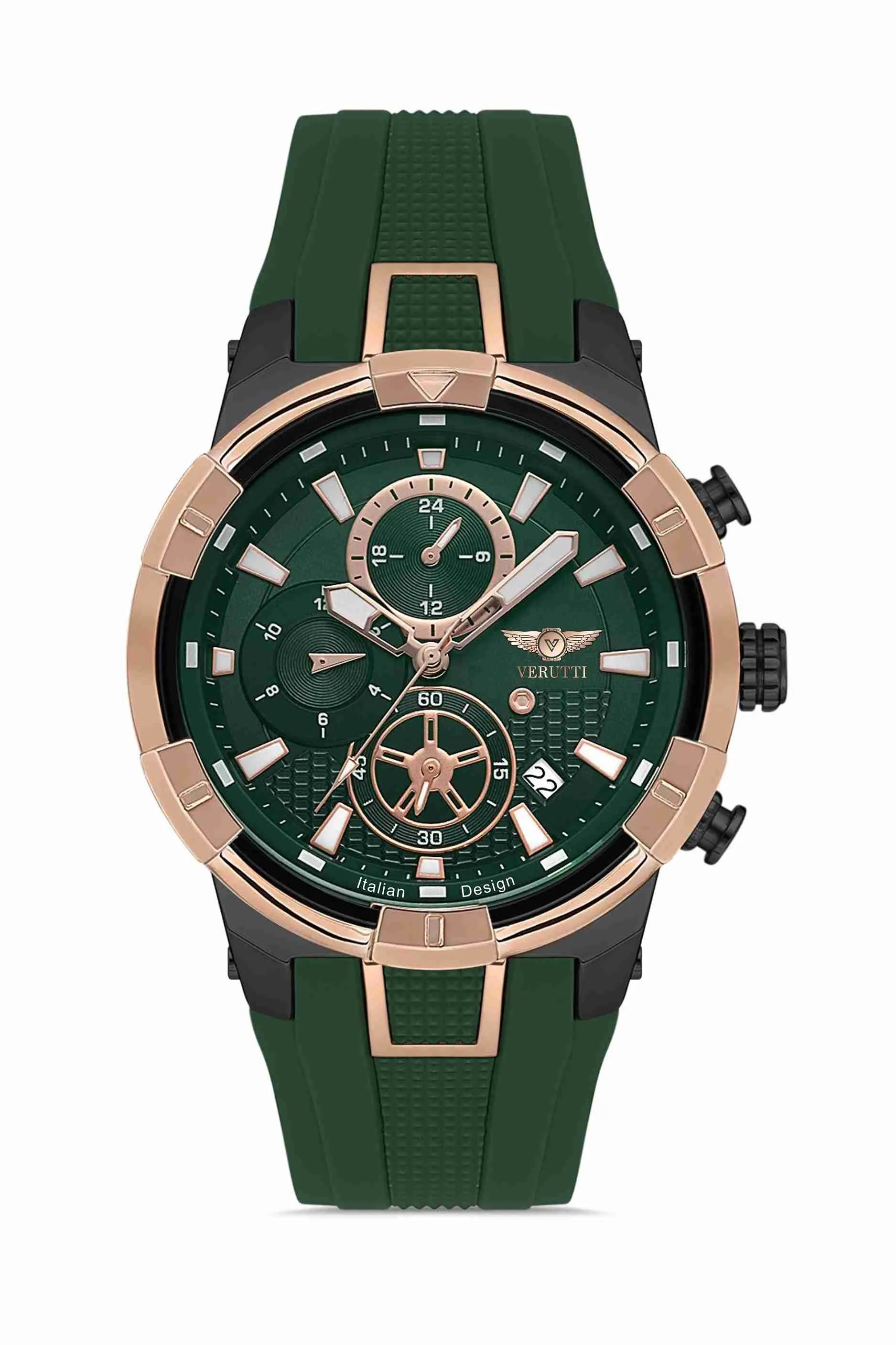 Men’s Luxury Watch – Verutti VR-1014-1 “Chrono Sport Edition”
Green Silicone Strap & Green Chronograph Dial
