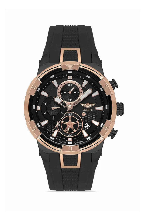 Men’s Luxury Watch – Verutti VR-1014-2 “Chrono Sport Edition”
Black Silicone Strap &amp; Black Chronograph Dial