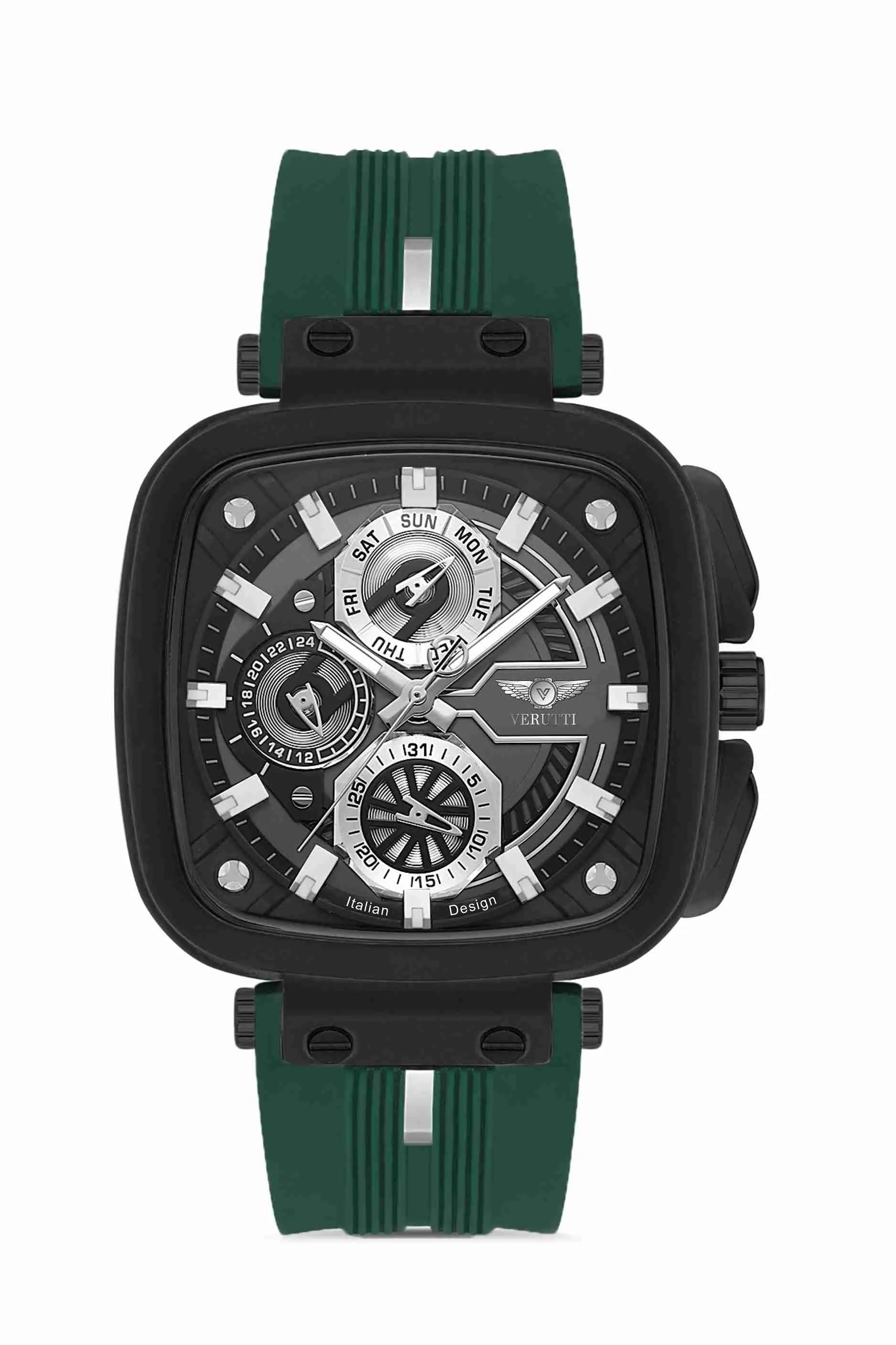 Men’s Luxury Watch – Verutti VR-1015-1 Sport Luxe Edition
Green Silicone Strap & Multi-Function Black Dial