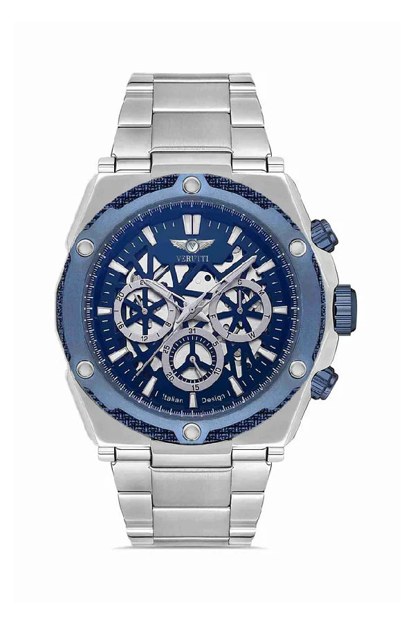 Men’s Luxury Watch Verutti VR-1023-2 – Silver & Blue Skeleton