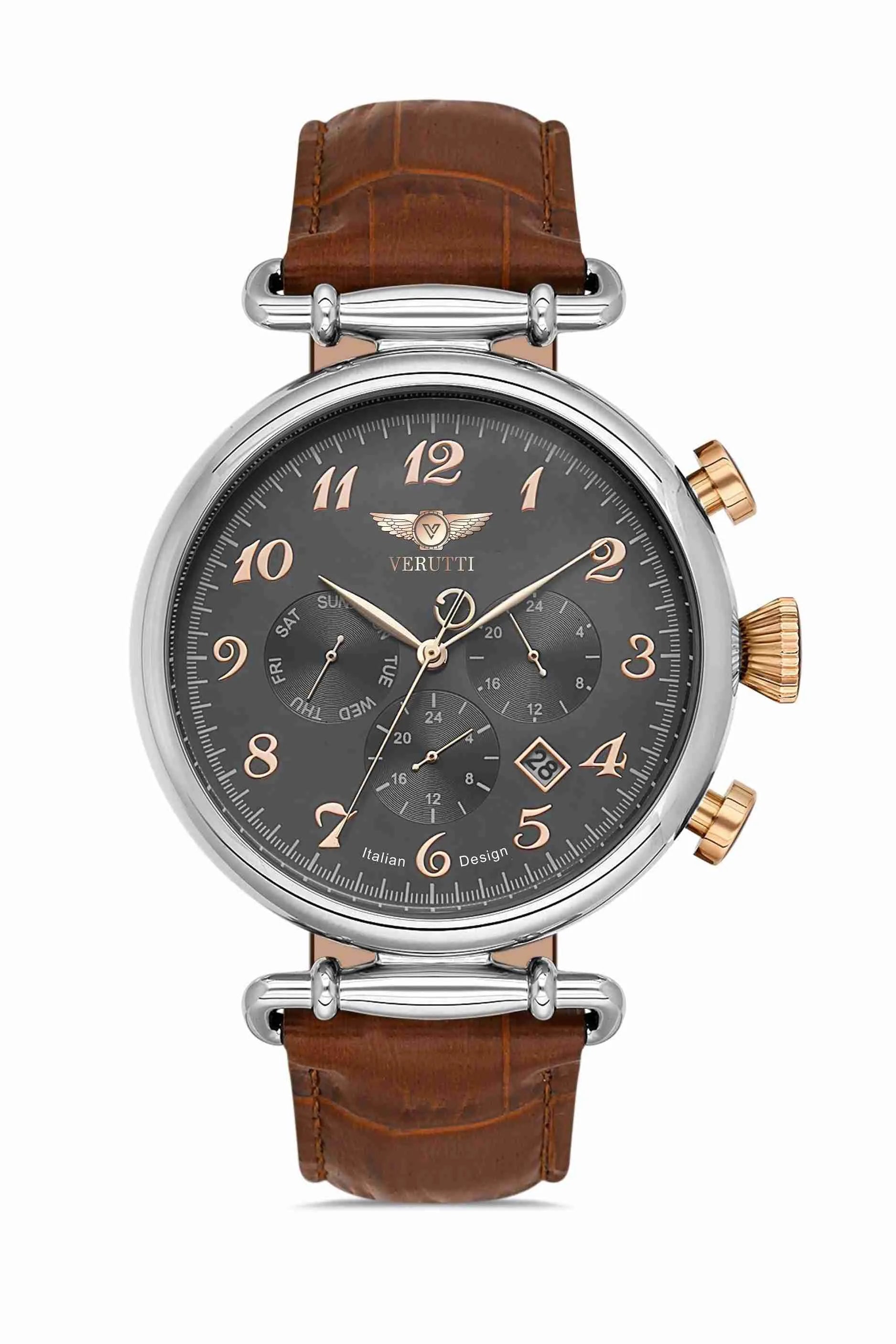 Men’s Luxury Watch – Verutti VR-1026-1 Brown Leather Strap & Black Dial