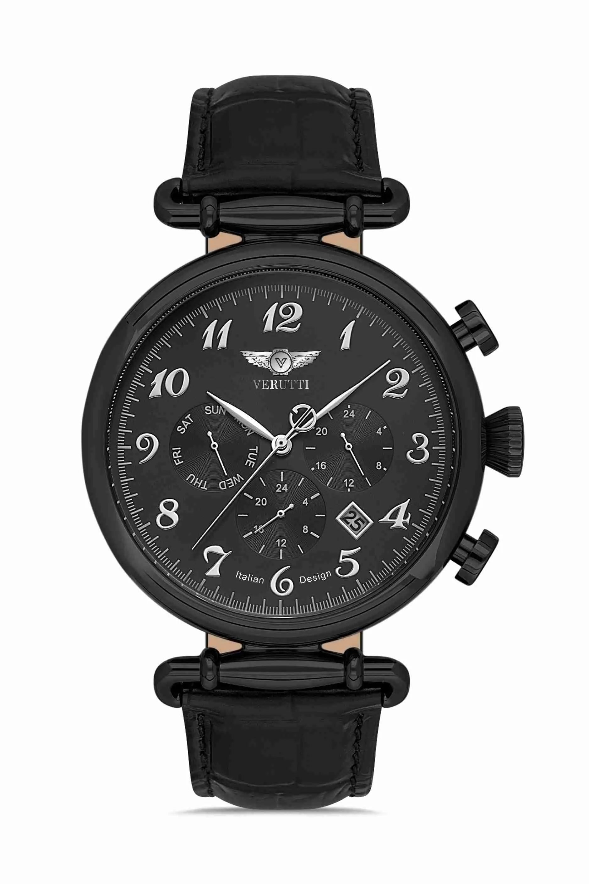 Men’s Luxury Watch – Verutti VR-1026-2 Black Leather Strap & Black Dial