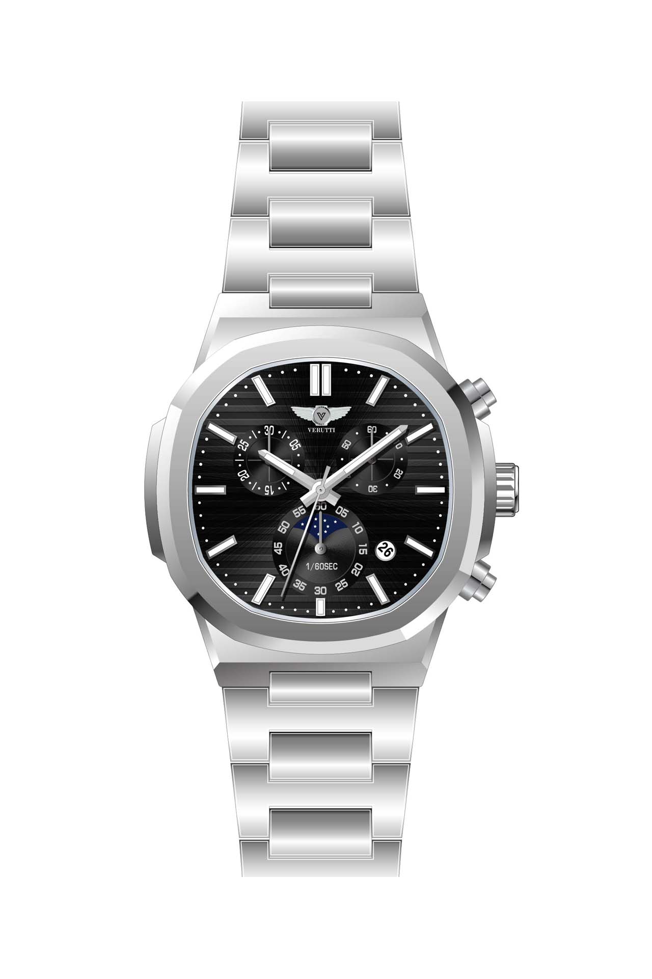 Men’s Luxury Watch Verutti VR-1039-1 – Silver Bracelet & Black Dial