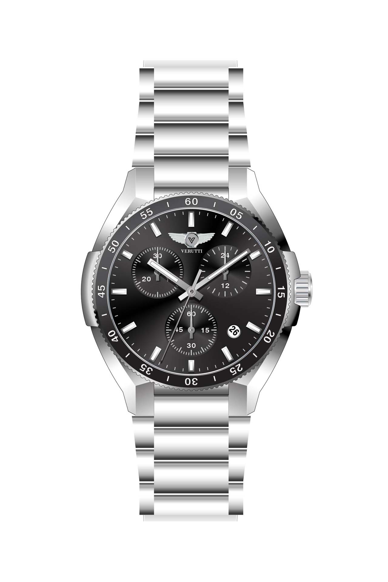 Men’s Luxury Watch Verutti VR-1040-1 – Silver Bracelet & Black Dial