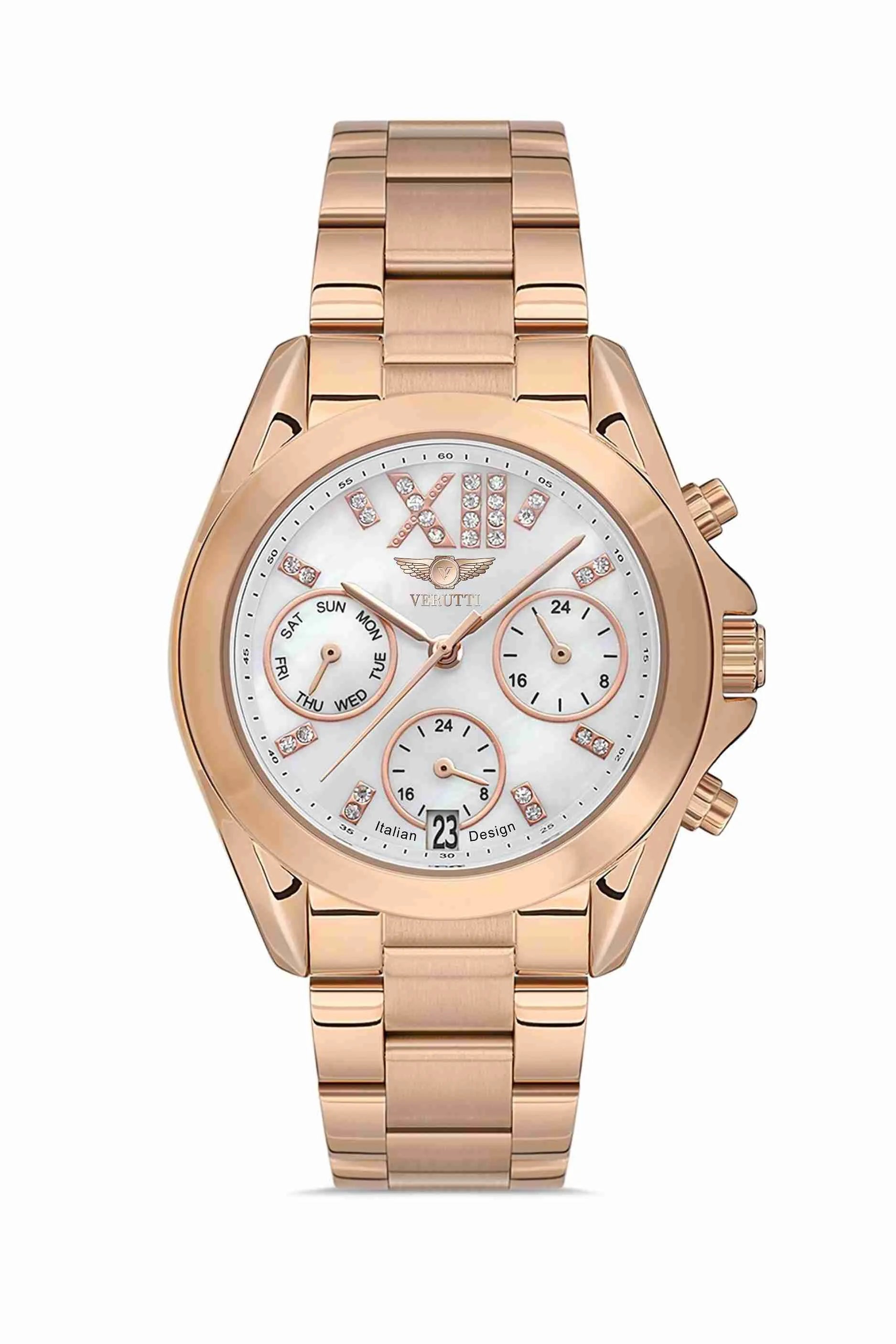 Women’s Luxury Watch – Verutti VR-1008-1 “Blush Gold Edition”
Rose-Toned Steel Bracelet &amp; White Dial with Crystals