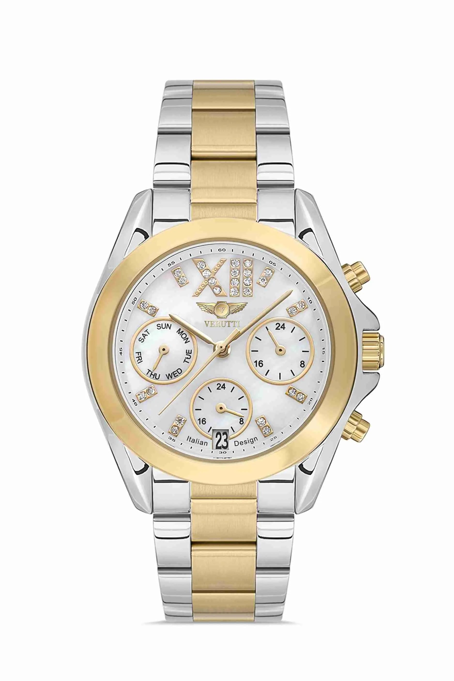 Women’s Luxury Watch – Verutti VR-1008-2, Starlight Edition
Two-Tone Steel Bracelet & Silver Crystal Dial
