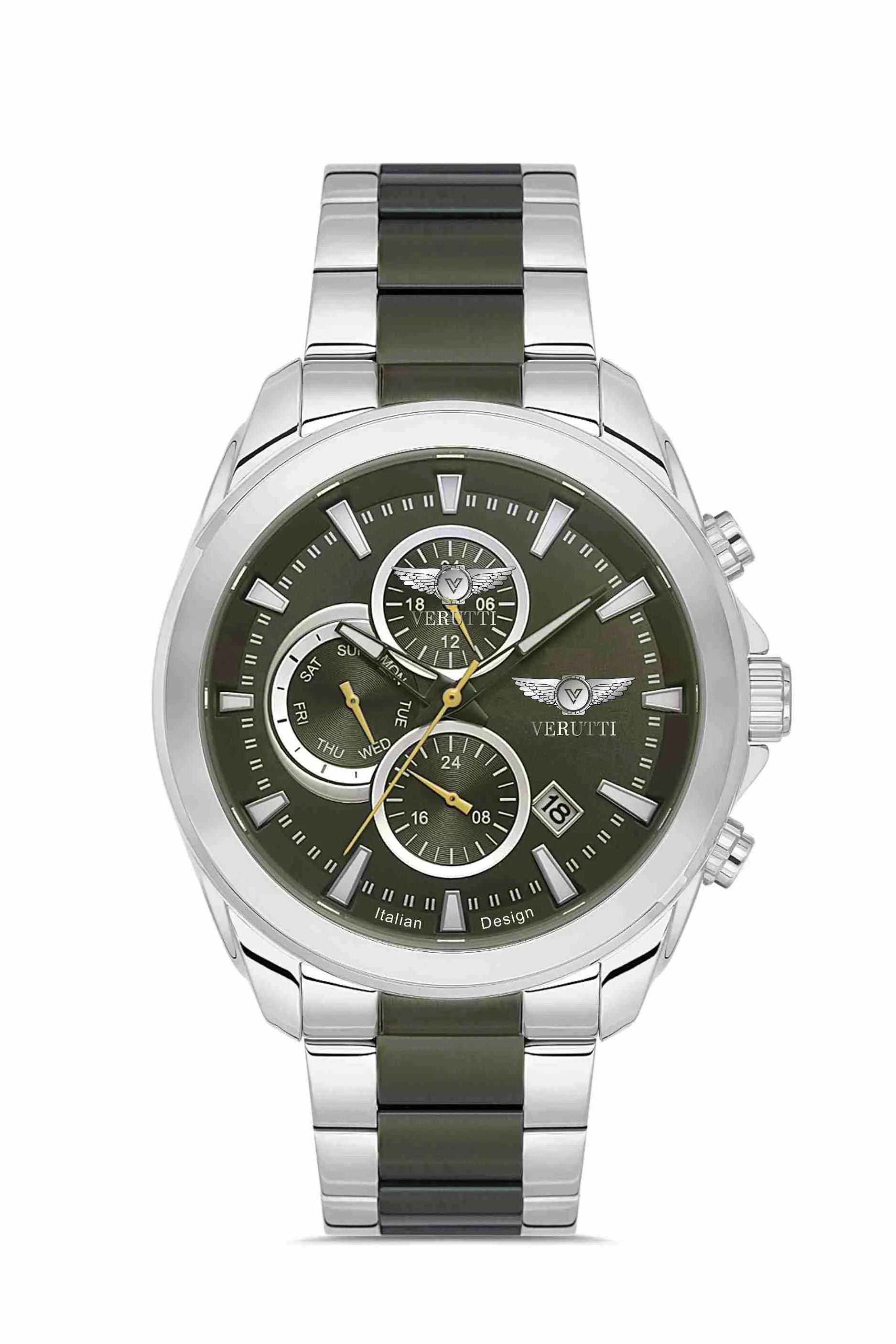 Watch with silver and green band by Italian Brand Verutti, Model VR 1016
